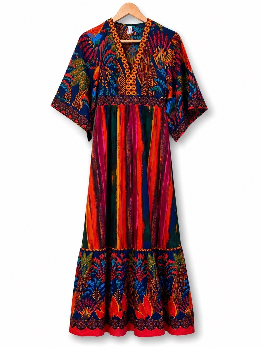 Live 4 Truth Colorful Floral Ruffle ResortWear Boho Tropical Fiesta Maxi Dress S